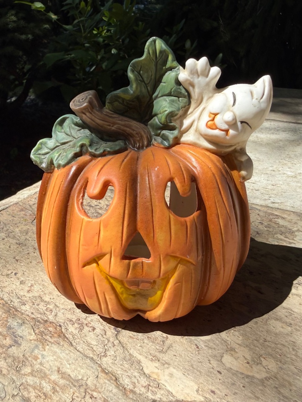 Small Vintage Halloween Ceramic Jack-O-Lantern Happy Ghost Candle Tea Light Hold